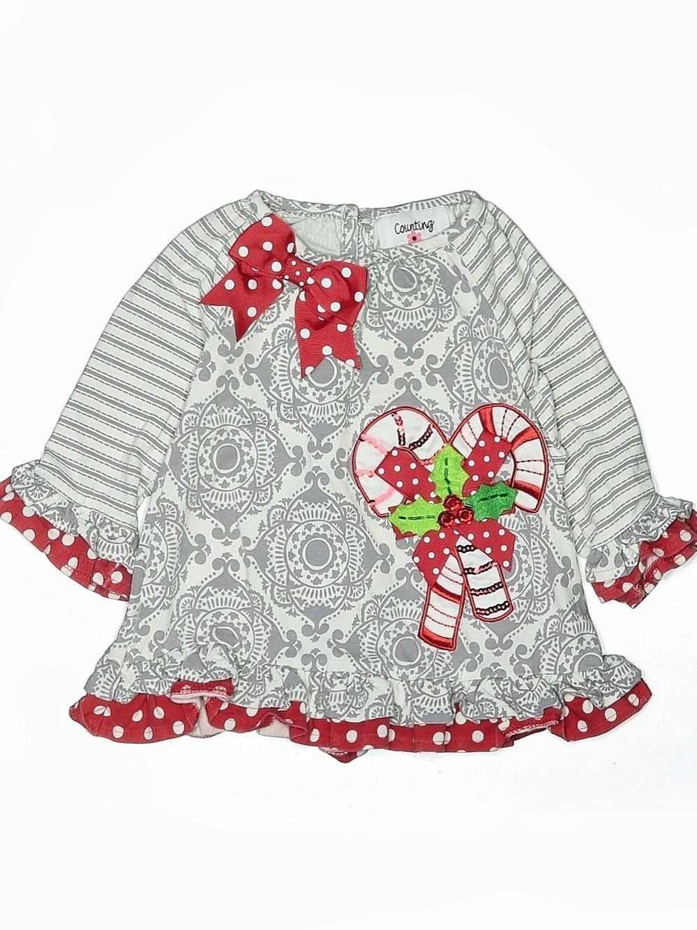Counting Daisies Candy Cane Christmas Dress Paisley Gray & Red Baby 12M
